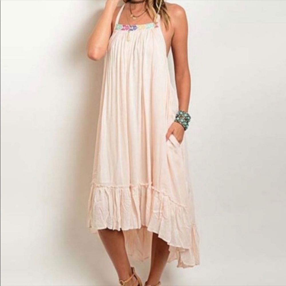 Free People Bohemian Flowy High Low Embroidered Racerback Dress